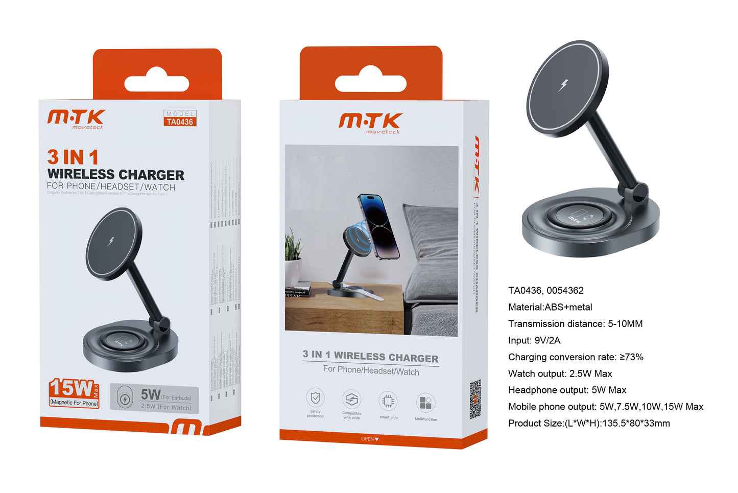 TA0436 NE Luxury Cargador Inalambrico 3 en 1(Movil 15W/AirPods 3W/Iwatch 2.5W), Con Cable Type-C 9V/2A, Negro Cód.: 0054362