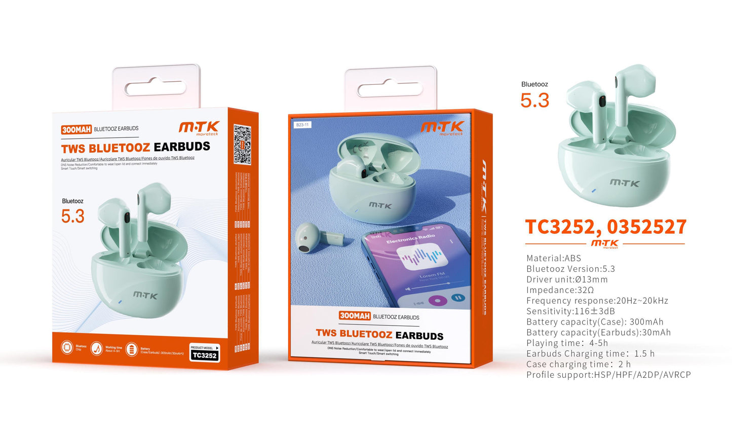 TC3252, VE Auriculares TWS Muffin Bluetooth 5.3, Batería (30mAh*2) con Estuche Recargable 300mAh, Verde Cód.: 0352527