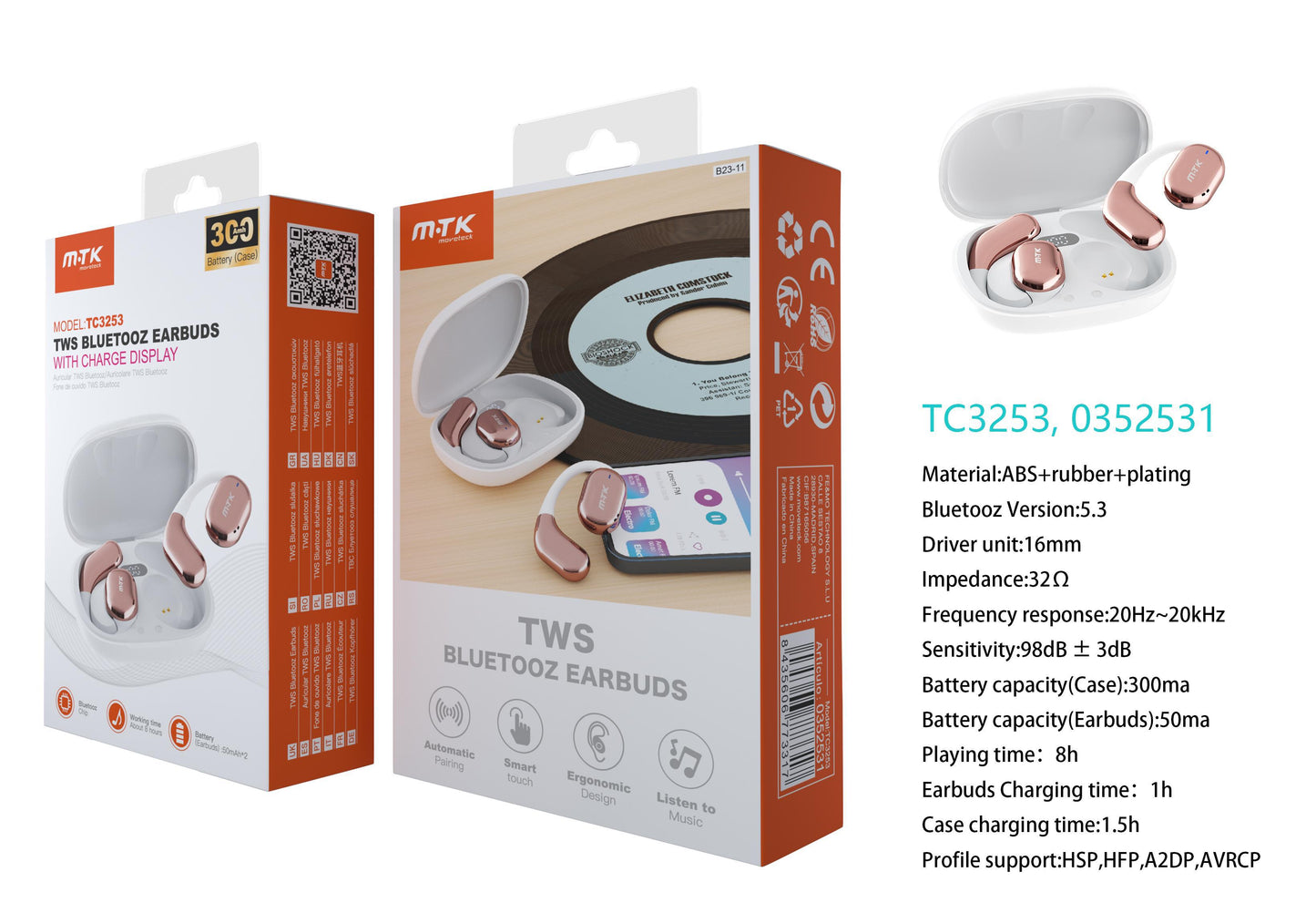 TC3253 BL+RS Auriculares Boxer TWS BTS V5.3, Bateria Earbuds 50mAh*2 + Estuche 300mAh, con pantalla digital, 8h de uso, Blanco+Rosa Gold Cód.: 0352531