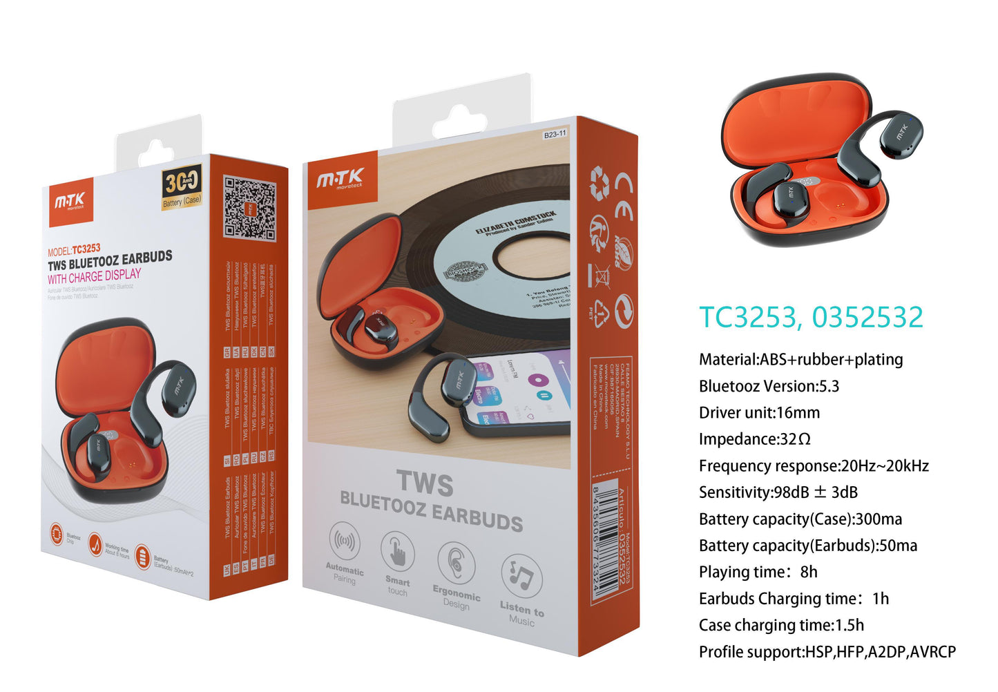 TC3253 NE Auriculares Boxer TWS BTS V5.3, Bateria Earbuds 50mAh*2 + Estuche 300mAh, con pantalla digital, 8h de uso, Negro Cód.: 0352532