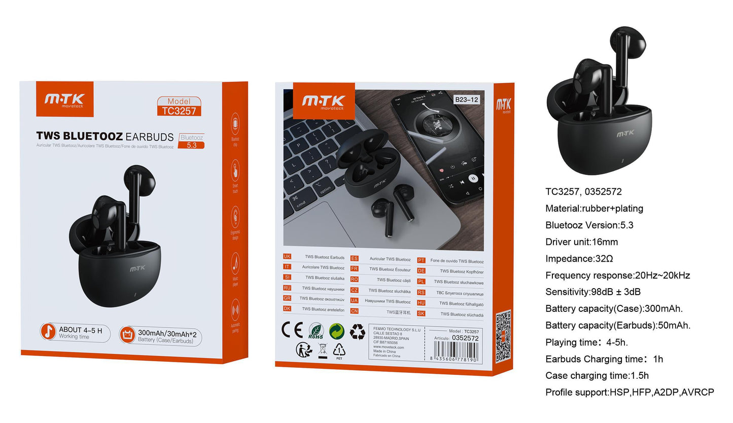 TC3257 NE Auriculares TWS Bluetooth 5.3, Bateria (30mAh*2)Con Estuche Recargable 300mAh, Negro Cód.: 0352572