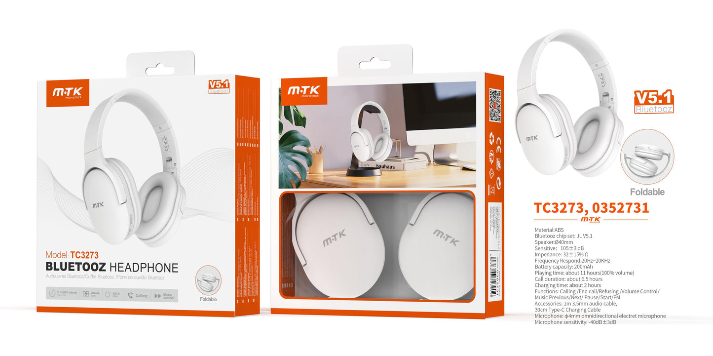 TC3273 BL Auriculares Casco Zor plegable con bluetooth 5.1 y microfono, bateria 200mAh, Blanco Cód.: 0352731