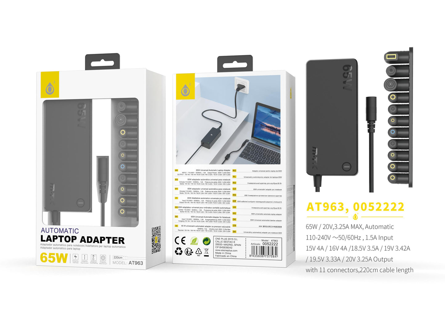 AT963 NE Cargador Universal Automatico con 11 Conectores para Portatiles , 65W, 3.25A Max, Cable 1.2M, Negro Cód.: 0052222