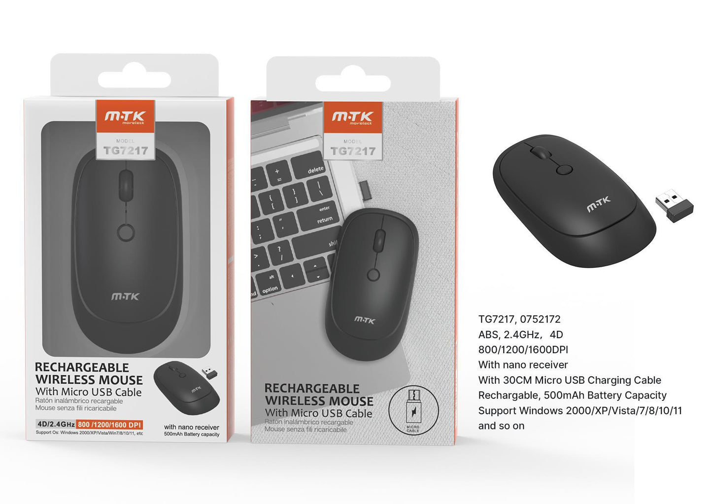 TG7217 NE Raton inalambrico y USB 4D 2.4 GHz,con Bateria 500mAh Recargable ,incluye cable Micro USB 30cm ,800/1200/1600 DPI, Negro Cód.: 0752172