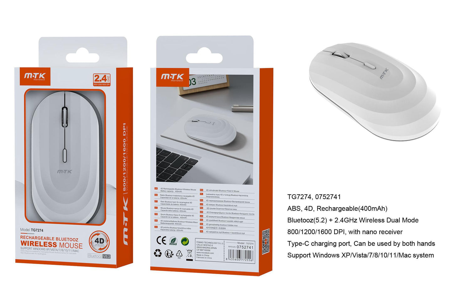 TG7274 BL Ratón Inalámbrico Wave con 2 modelos, 2.4G + BTS, DPI 800/1200/1600, batería recargable, Blanco Cód.: 0752741
