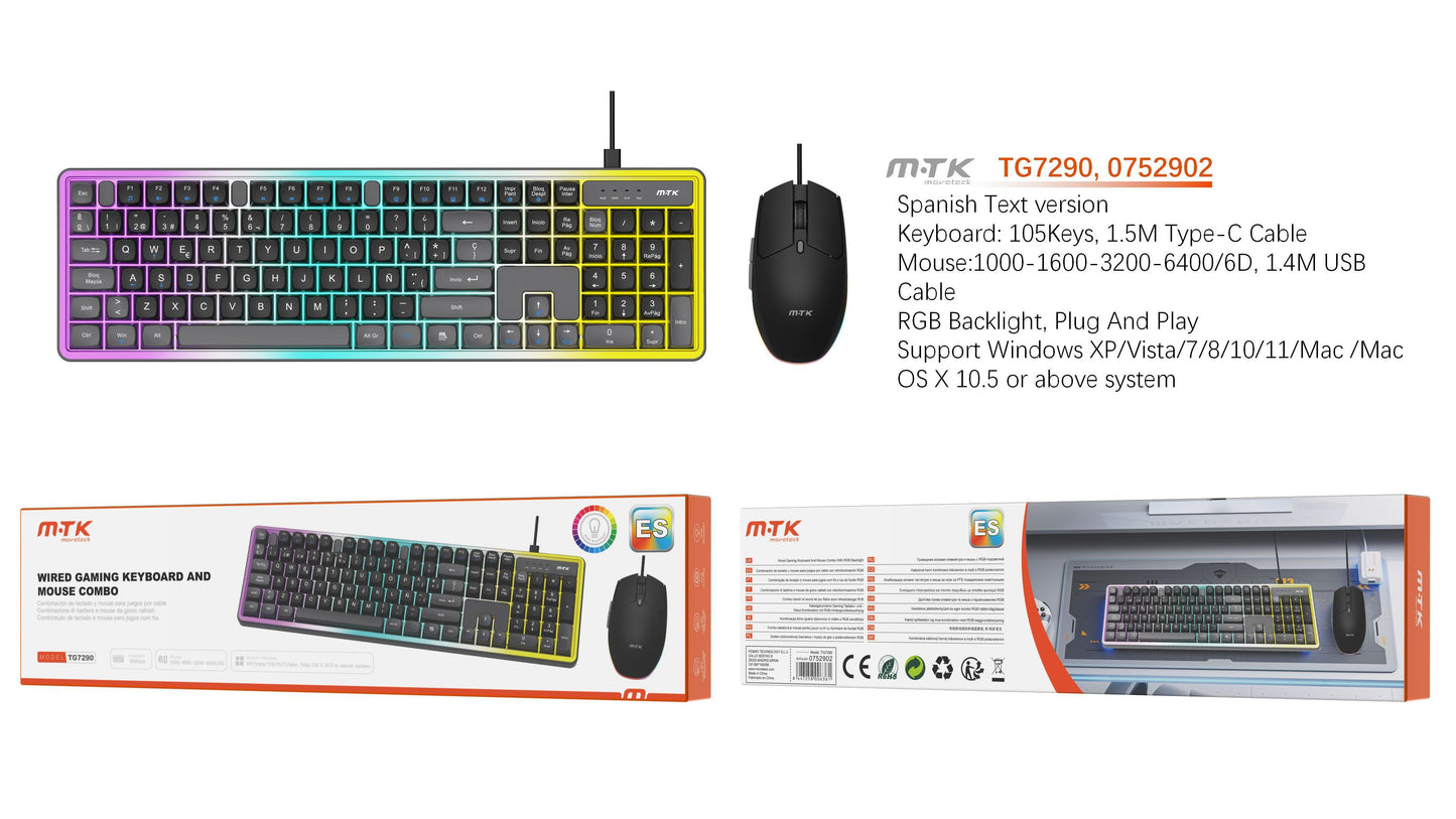 TG7290 NG Luxury Conjunto de teclado 105 keys y raton 6D silenciosos para Gaming, con luz RGB ambiente, 1.5M, DPI 1000 hasta 6400, Español, Negro+Gris Cód.: 0752902