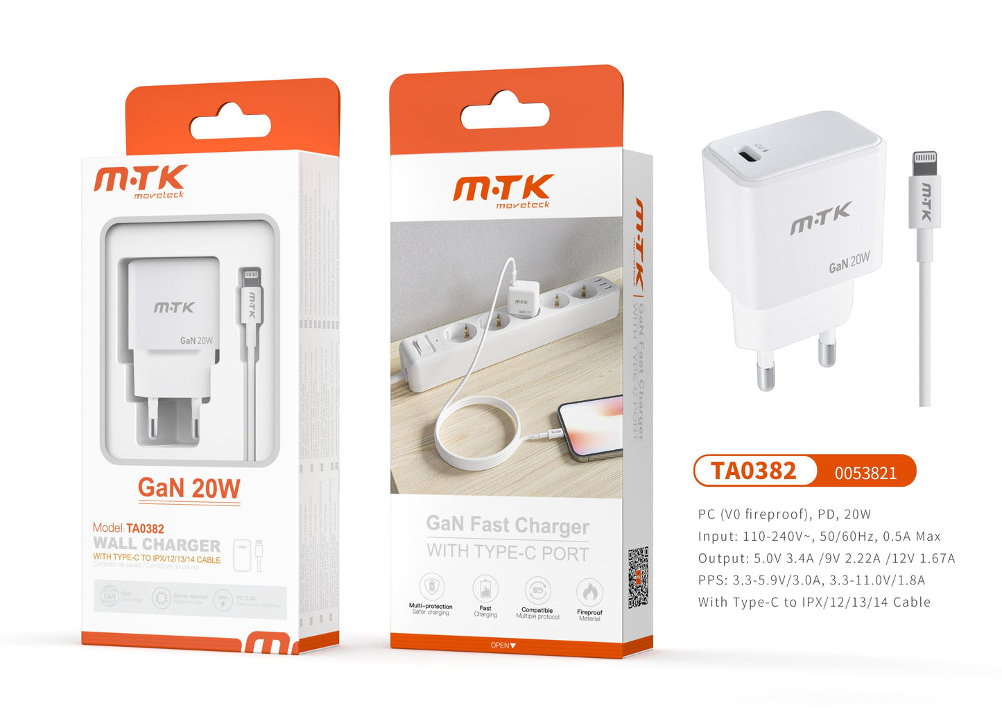 TA0382 BL Luxury Cargador GaN Rapido de Red Devin , 1 puerto Type-C PD, Con Cable Type-C a Lightning, 20W/3.4A(Max), Blanco Cód.: 0053821