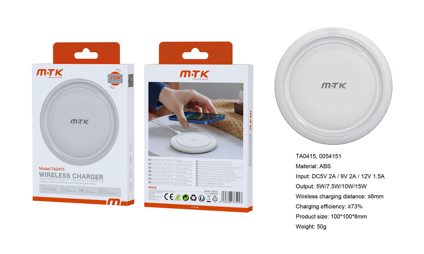 TA0415 BL Luxury Cargador Inalambrico para Movil y Auricular de TWS 15W, Blanco Cód.: 0054151