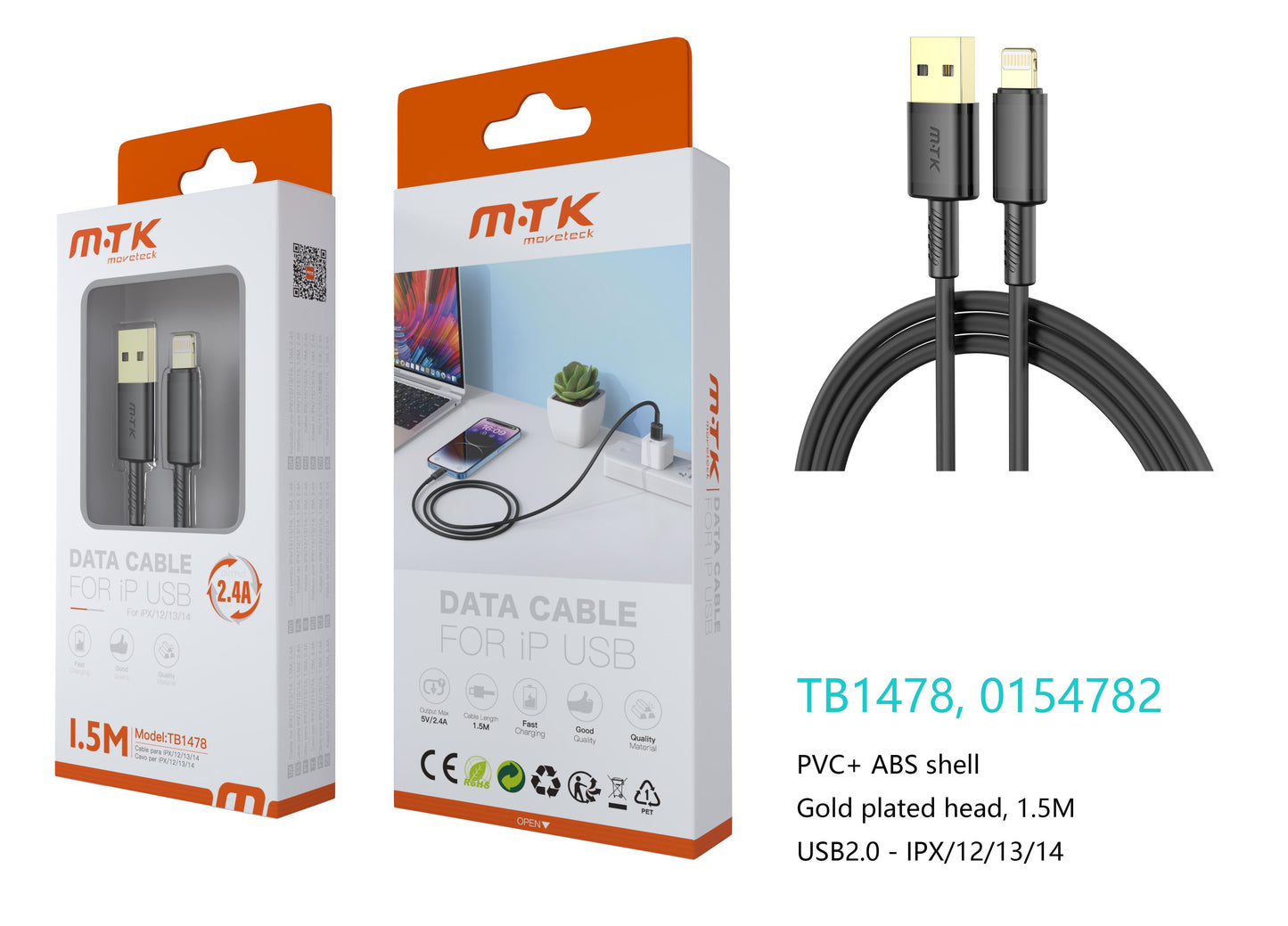 TB1478 NE Luxury Cable de datos Luc para Iphone 5-14, 5V/2.4A, 1.5M, Negro Cód.: 0154782