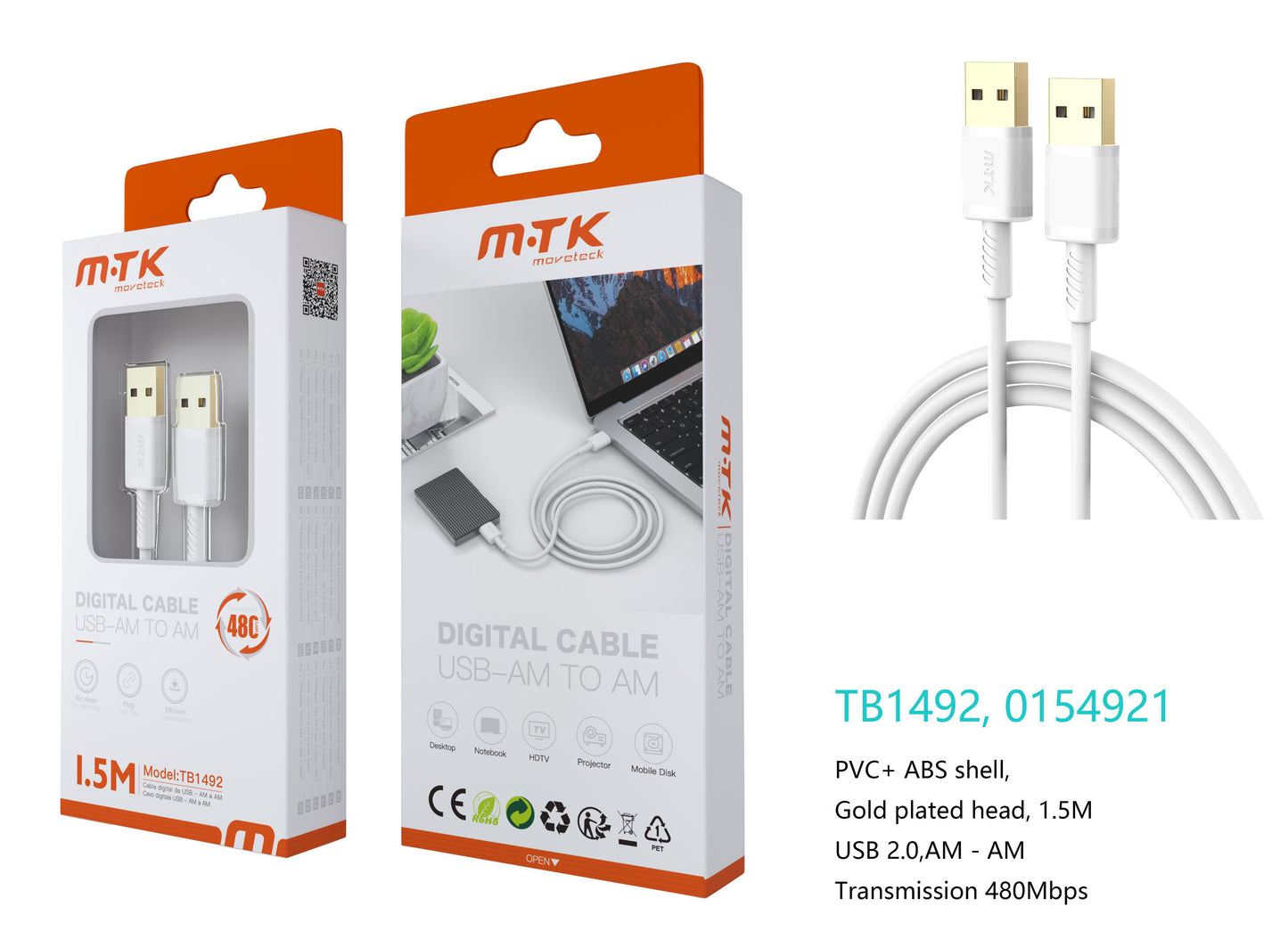 TB1492 BL Luxury Cable USB 2.0 Macho a Macho, 480Mbps, 1.5M , Blanco Cód.: 0154921