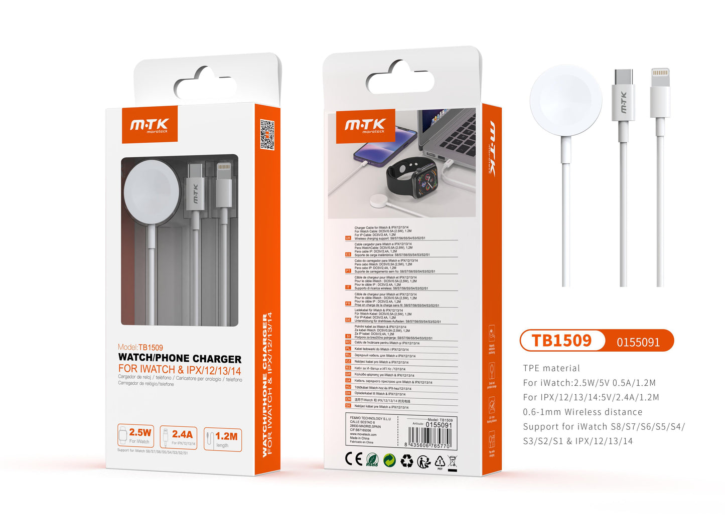 TB1509 BL Cable de Type-C con Cargador Magnetico 2 en 1 para I-Watch S1-S9, 2,5W+Cable Iphone 5-14 2.4A, Cable 1.2M, Blanco Cód.: 0155091