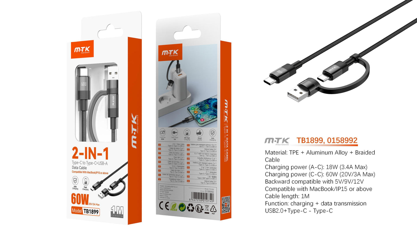 TB1899 NE Cable de Datos aluminio trenzado 2 en 1 Vex para Type-C/USB-A a Type-C 60W/20V/3A Max/1M, Negro Cód.: 0158992