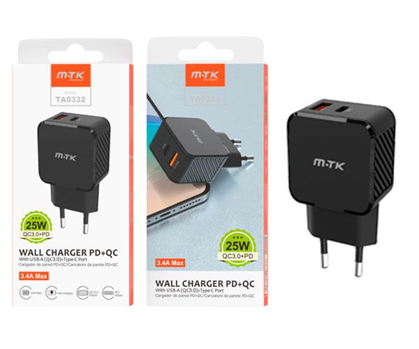 Cargador de red Usb + Type-C / 25W / Negro / TA0332 / MTK Cód.: CARGMV-033