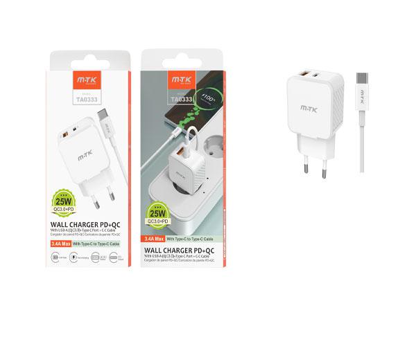 Cargador de red Usb + Type-C + Cable Type-C / 25W / Blanco / TA0333 / MTK Cód.: CARGMV-108