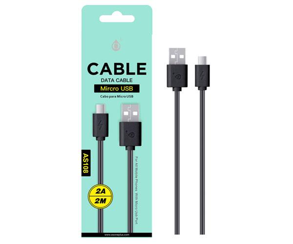 Cable datos USB 2.0 a Micro USB / 2m / 2a / AS108/ Negro / ONE+ Cód.: VM214