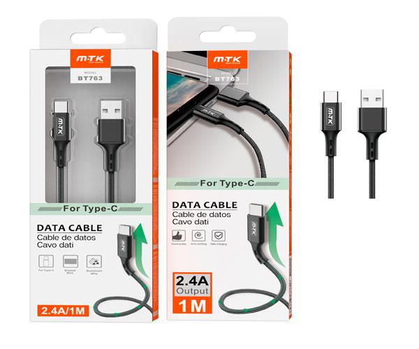 Cable datos USB 2.0 a Type-C / 1m / 2.4a / Aluminio / Trenzado / Bt763 / Negro / MTK Cód.: VM147