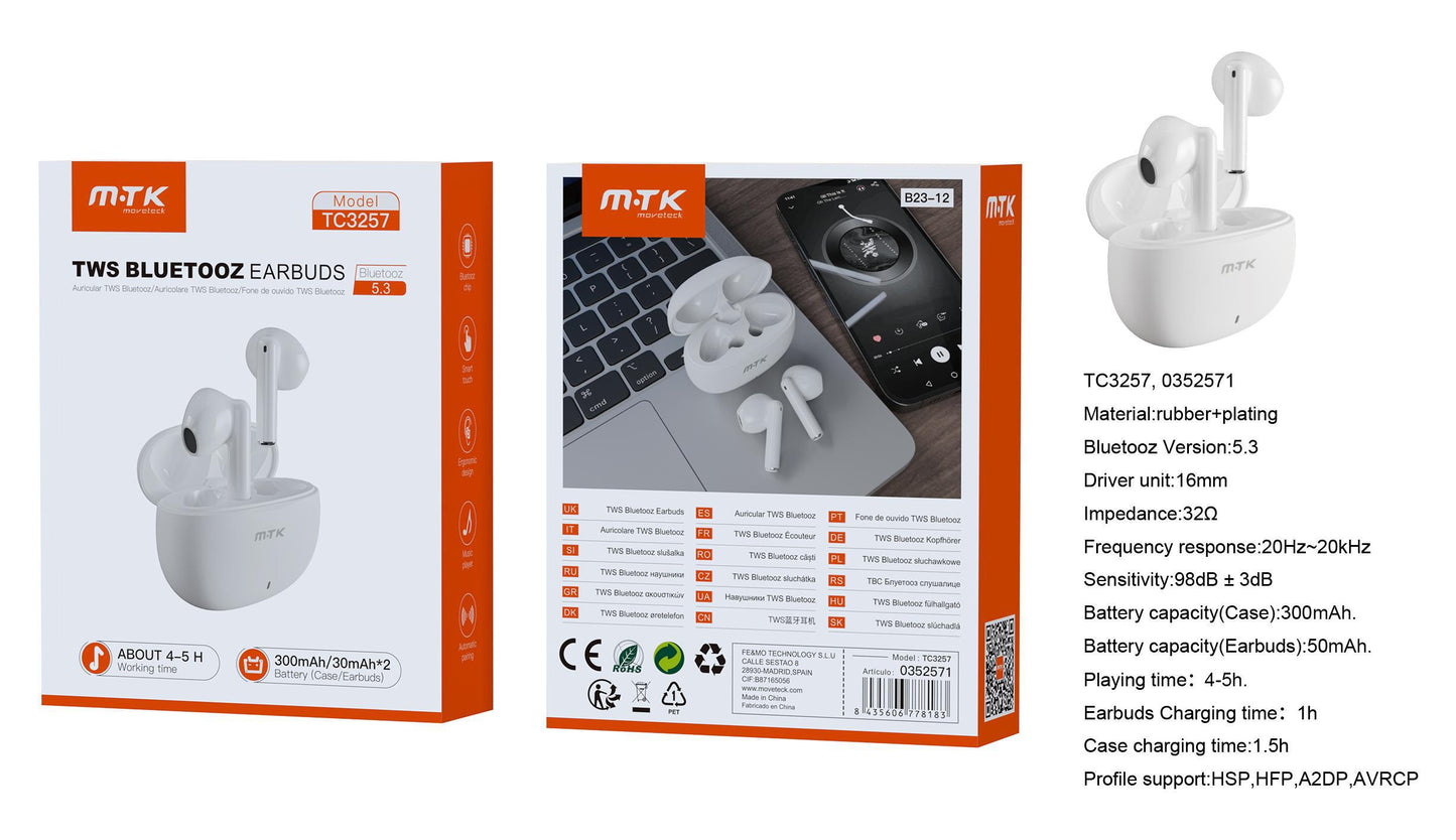 TC3257 BL Auriculares TWS Bluetooth 5.3, Bateria (30mAh*2）Con Estuche Recargable 300mAh, Blanco Cód.: 0352571