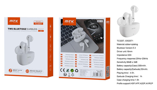 TC3257 BL Auriculares TWS Bluetooth 5.3, Bateria (30mAh*2）Con Estuche Recargable 300mAh, Blanco Cód.: 0352571