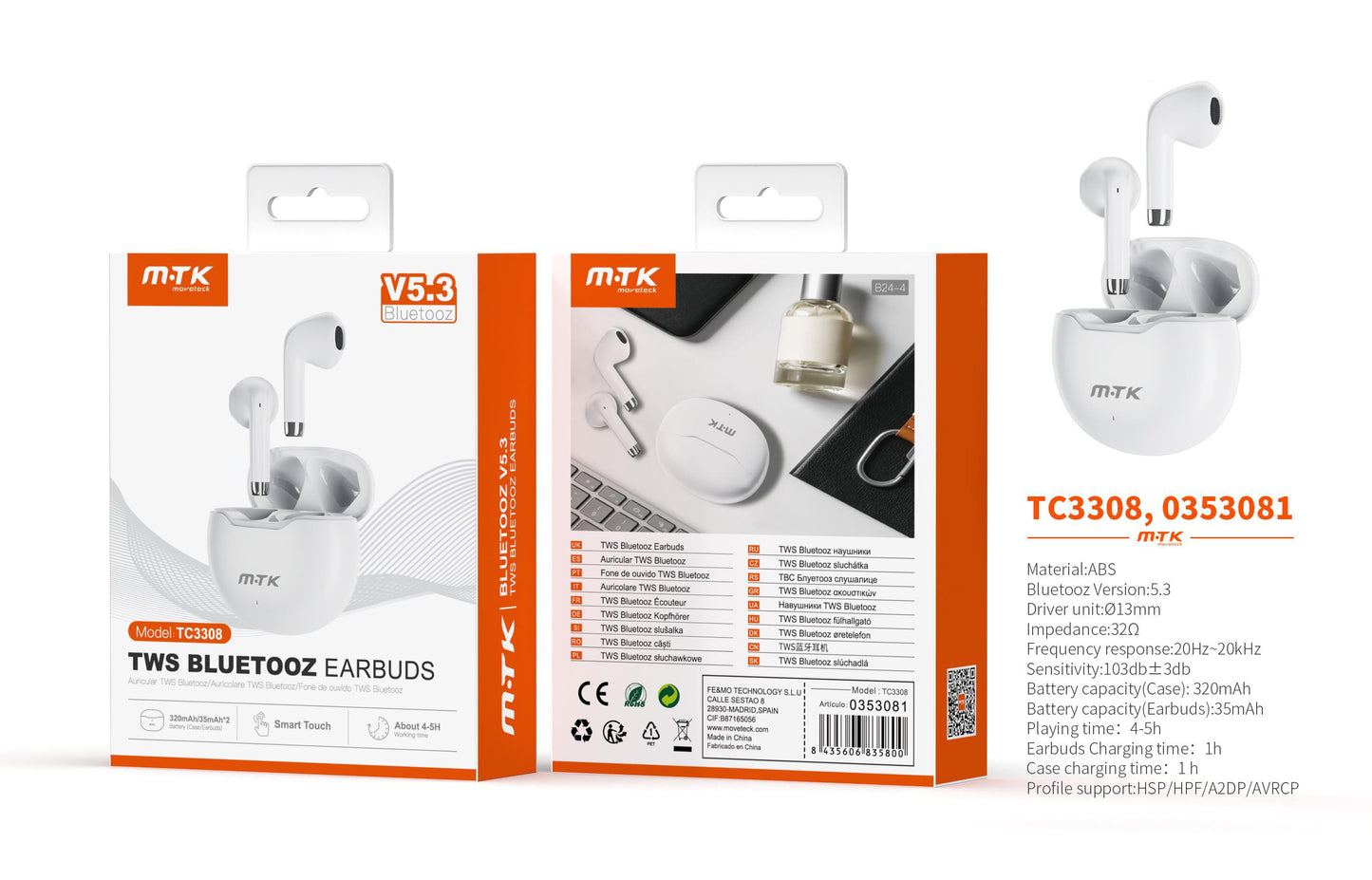 TC3308 BL Auriculares TWS Bluetooth 5.3, Bateria (35mAh*2)Con Estuche Recargable 320mAh, Blanco Cód.: 0353081