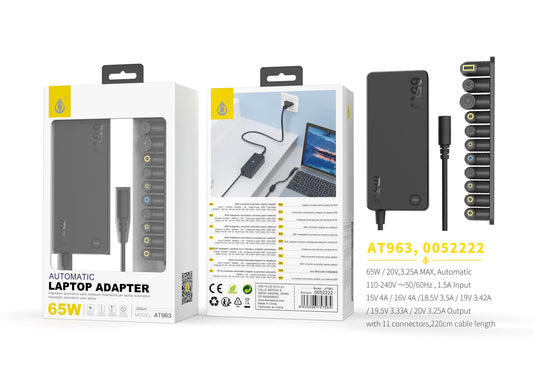 AT963 NE Cargador Universal Automatico con 11 Conectores para Portatiles , 65W, 3.25A Max, Cable 1.2M, Negro Cód.: 0052222