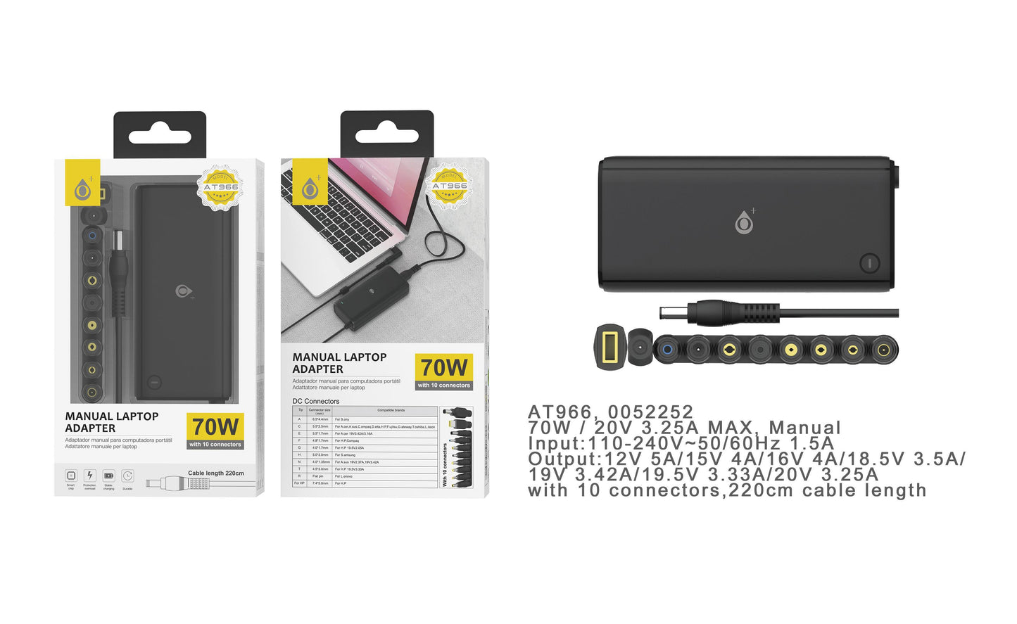 AT966 NE Cargador Universal Manual con 10 Conectores para Portatiles , 70W, 4A Max, Cable 1.2M, Negro Cód.: 0052252