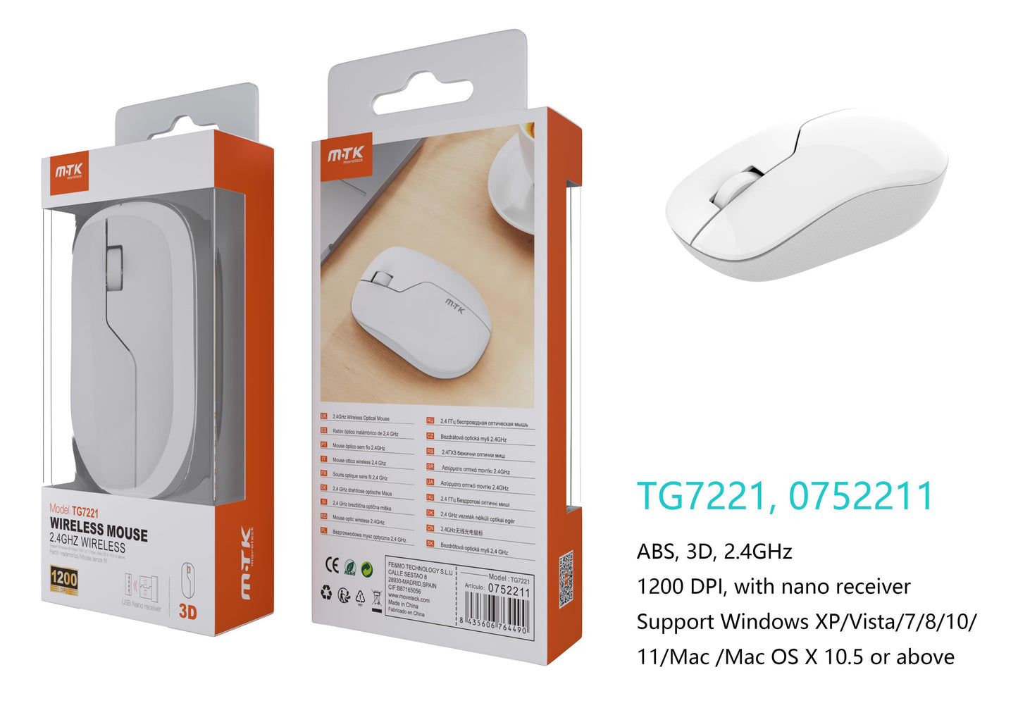 TG7221 BL Raton Inalambrico 3D 2.4GHZ, 1200 DPI, Blanco Cód.: 0752211