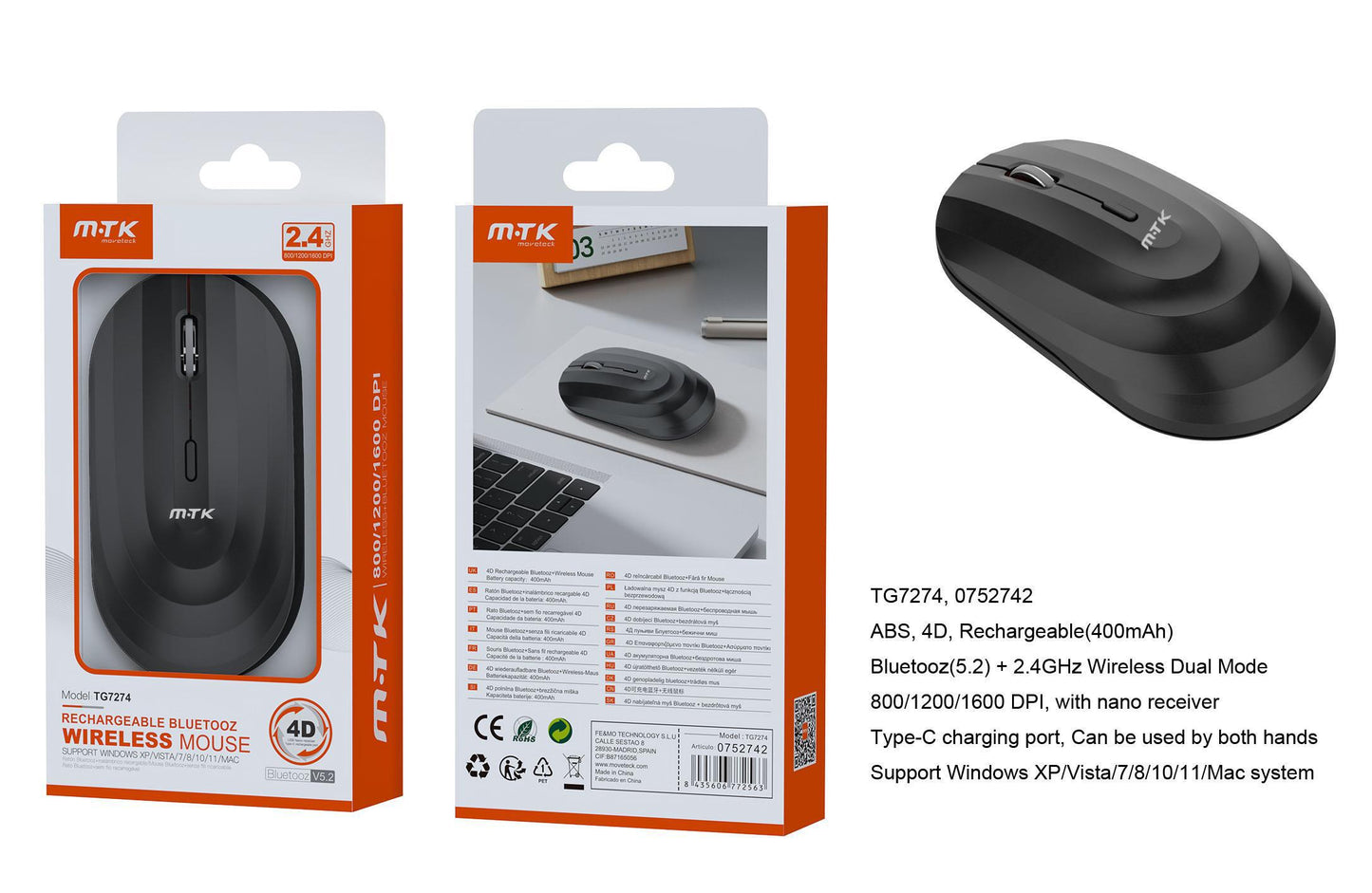 TG7274 NE Ratón Inalámbrico Wave con 2 modelos, 2.4G + BTS, DPI 800/1200/1600, batería recargable, Negro Cód.: 0752742