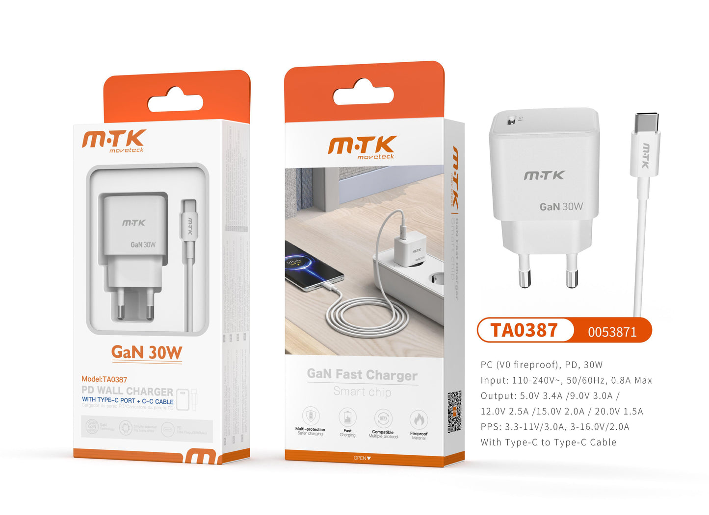TA0387 BL Luxury Cargador GaN Rapido de Red Devin, 1 puerto USB-C PD, Con Cable Type-C a Type-C, 30W/3.4A(Max), Blanco Cód.: 0053871