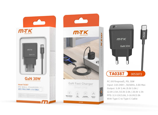 TA0387 NE Luxury Cargador GaN Rapido de Red Devin, 1 puerto USB-C PD, Con Cable Type-C a Type-C, 30W/3.4A(Max), Negro Cód.: 0053872