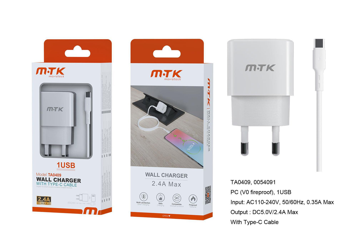 TA0409 BL Luxury Cargador de Red Ayme, 1 puerto USB-A, Con Cable Type-C, 2.4A(Max), Blanco Cód.: 0054091