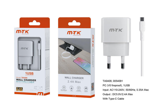 TA0409 BL Luxury Cargador de Red Ayme, 1 puerto USB-A, Con Cable Type-C, 2.4A(Max), Blanco Cód.: 0054091