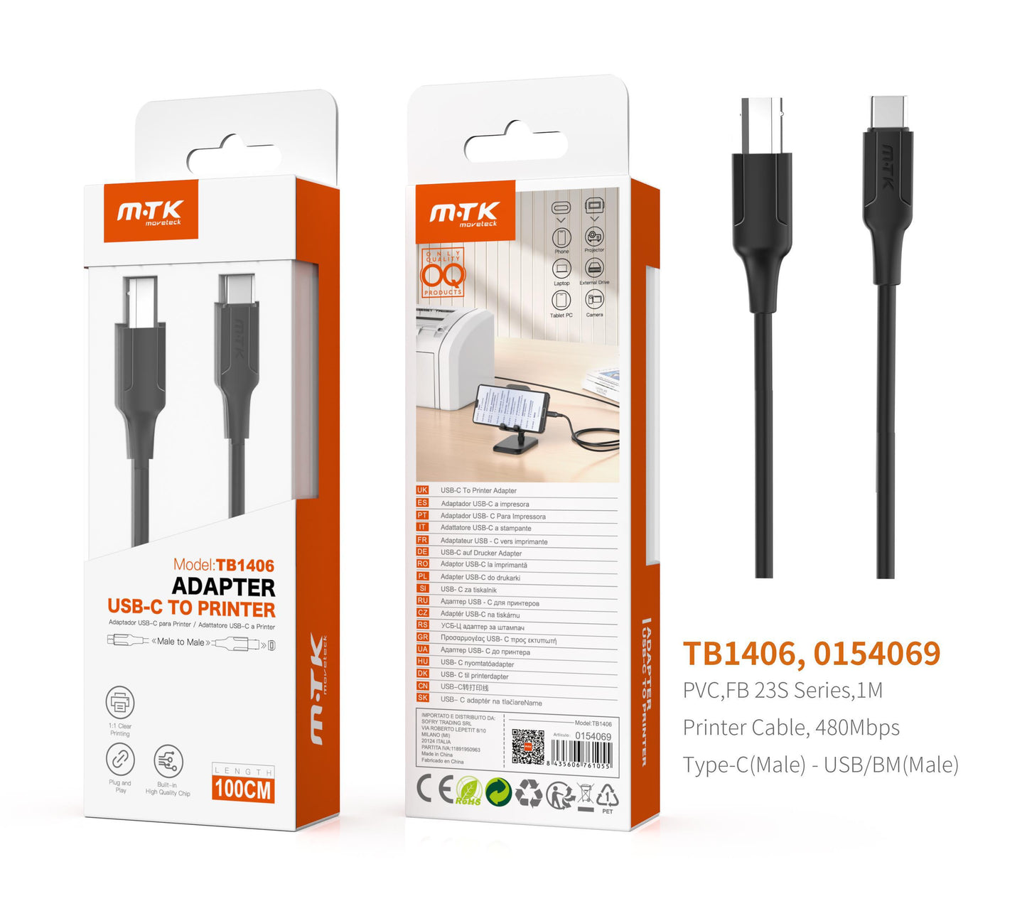 TB1406 NE Cable de Impresora Tipo-C a USB 2.0, velocidad transferencia 480Mbps, Cable 1M, Negro Cód.: 0154069