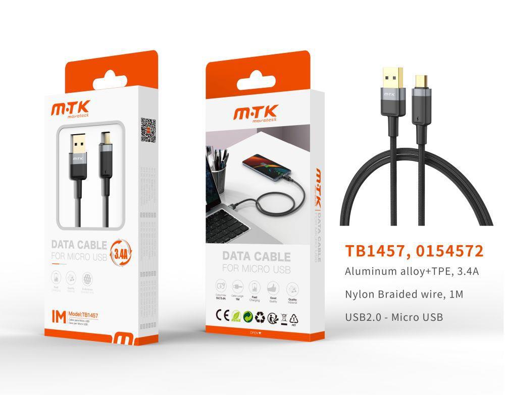 TB1457 NE Luxury Cable de datos Silas nylon trenzado para Micro USB , 5V/3.4A, 1M, Negro Cód.: 0154572