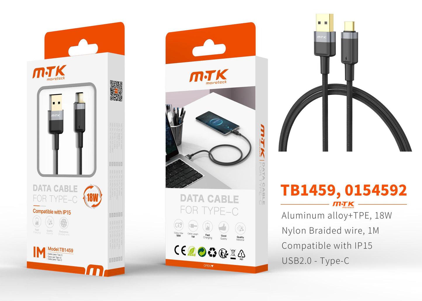 TB1459 NE Luxury Cable de datos Silas nylon trenzado para Type-C , 5V/3.4A, 1M, Negro Cód.: 0154592
