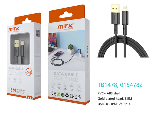 TB1478 NE Luxury Cable de datos Luc para Iphone 5-14, 5V/2.4A, 1.5M, Negro Cód.: 0154782