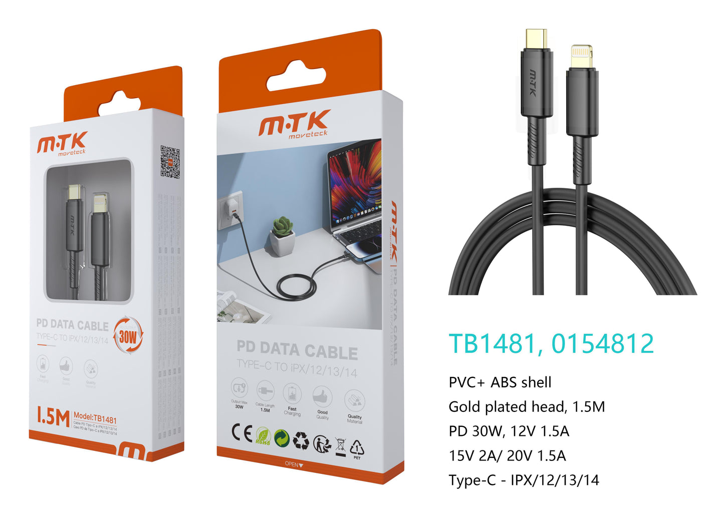 TB1481 NE Luxury Cable de datos Luc para Type-C a lightning , Carga Rapida PD,30W/12V/2.5A, 1.5M, Negro Cód.: 0154812