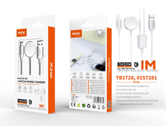 TB1728 BL Cargador Watch 2 en 1, con cargador Magnetico 3.5W + cable trenzado Lightning 60w, Cable 1m, Blanco Cód.: 0157281