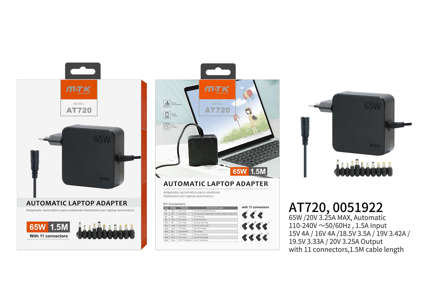 AT720 NE Cargador Universal Automatica con 11 conectores para notebook , 65W,1.5M,Negro Cód.: 0051922