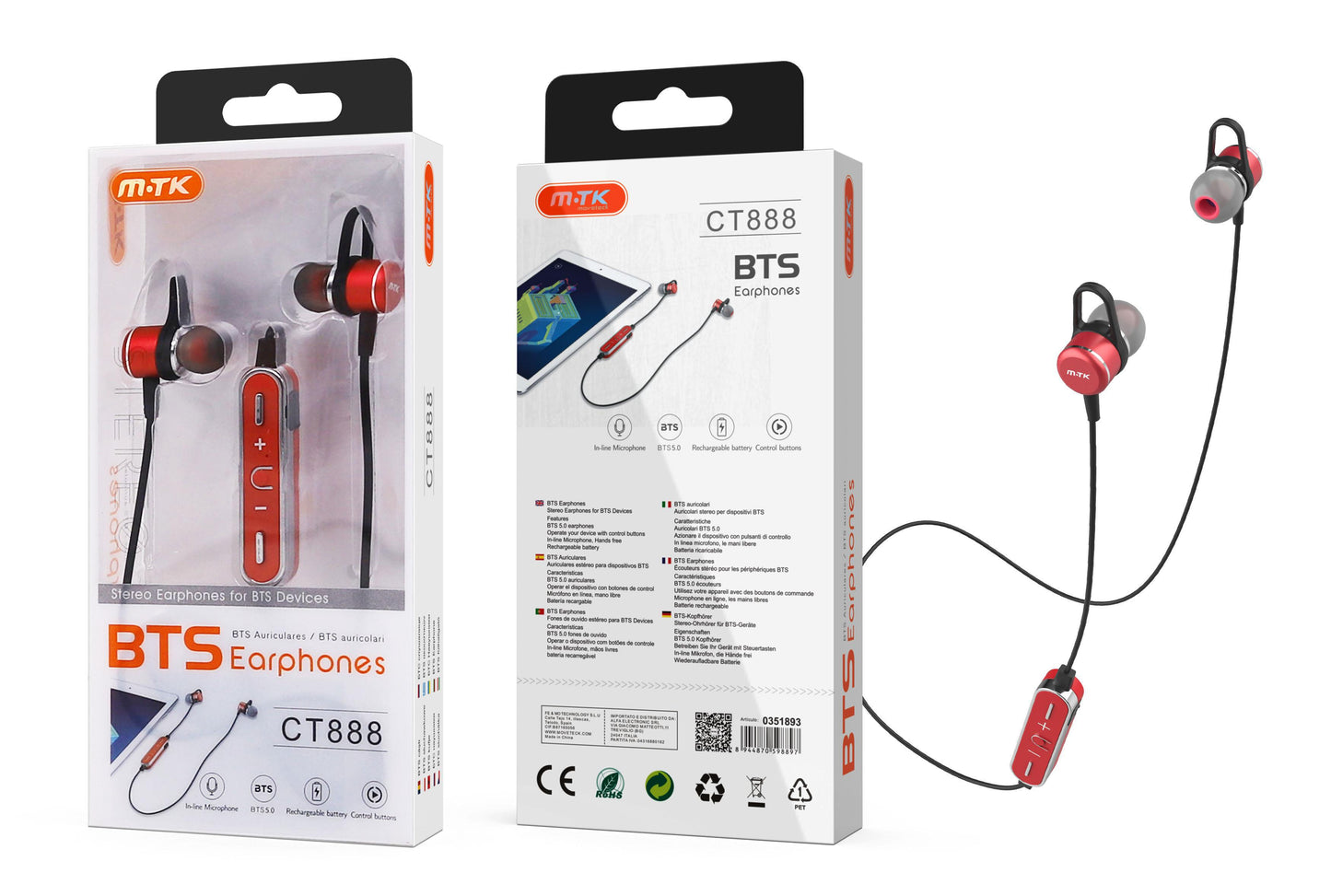 CT888 RJ Auriculares Metal Bluetooth Grimer con boton multifuncional y Microfono, BTS 5.0 funcion rellamada ,Rojo Cód.: 0351893
