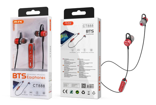 CT888 RJ Auriculares Metal Bluetooth Grimer con boton multifuncional y Microfono, BTS 5.0 funcion rellamada ,Rojo Cód.: 0351893