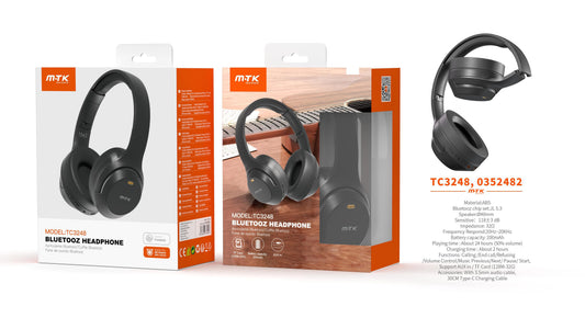 TC3248 NE Auriculares Casco Bluetooth 5.3 Plegable con microfono y Botones Multifunciones, Soporta Aux/Tarjeta TF(32G), Bateria 200mAh, Negro Cód.: 0352482