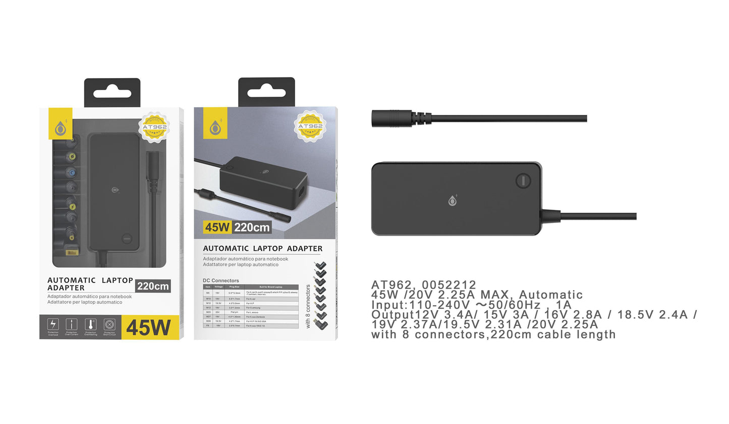 AT962 NE Cargador Universal Automatico con 11 Conectores para Portatiles , 45W, 3.25A Max, Cable 1.2M, Negro Cód.:0052212