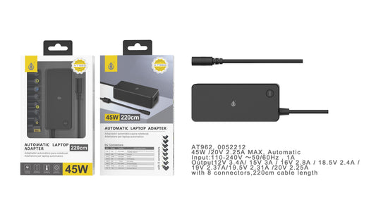 AT962 NE Cargador Universal Automatico con 11 Conectores para Portatiles , 45W, 3.25A Max, Cable 1.2M, Negro Cód.:0052212