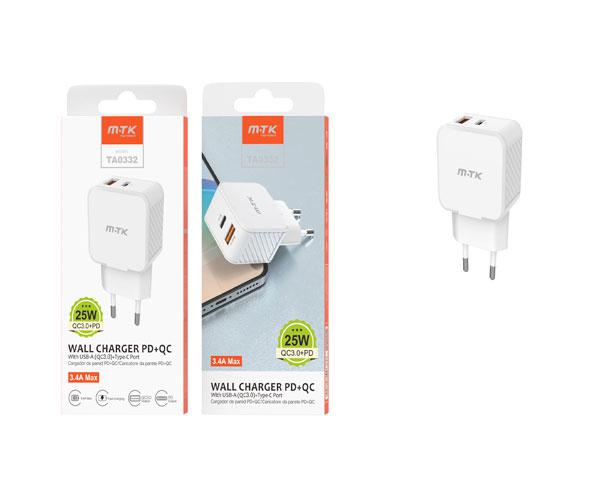 Cargador de red Usb + Type-C / 25W / Blanco / TA0332 / MTK Cód.: CARGMV-036