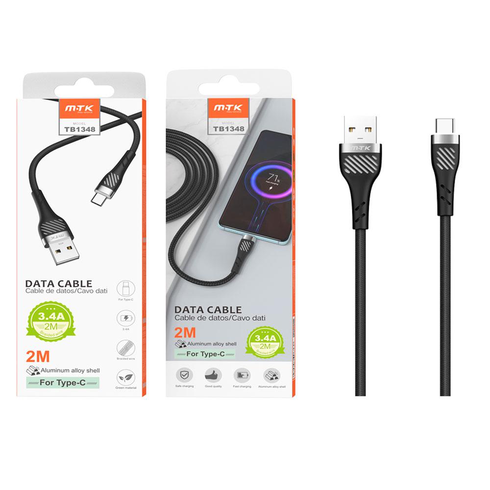Cable datos USB 2.0 a Type-C / 2m / 3.4a / Nylon Trenzado / TB1348 / Negro / ONE+ / 0153482 Cód.: VM728