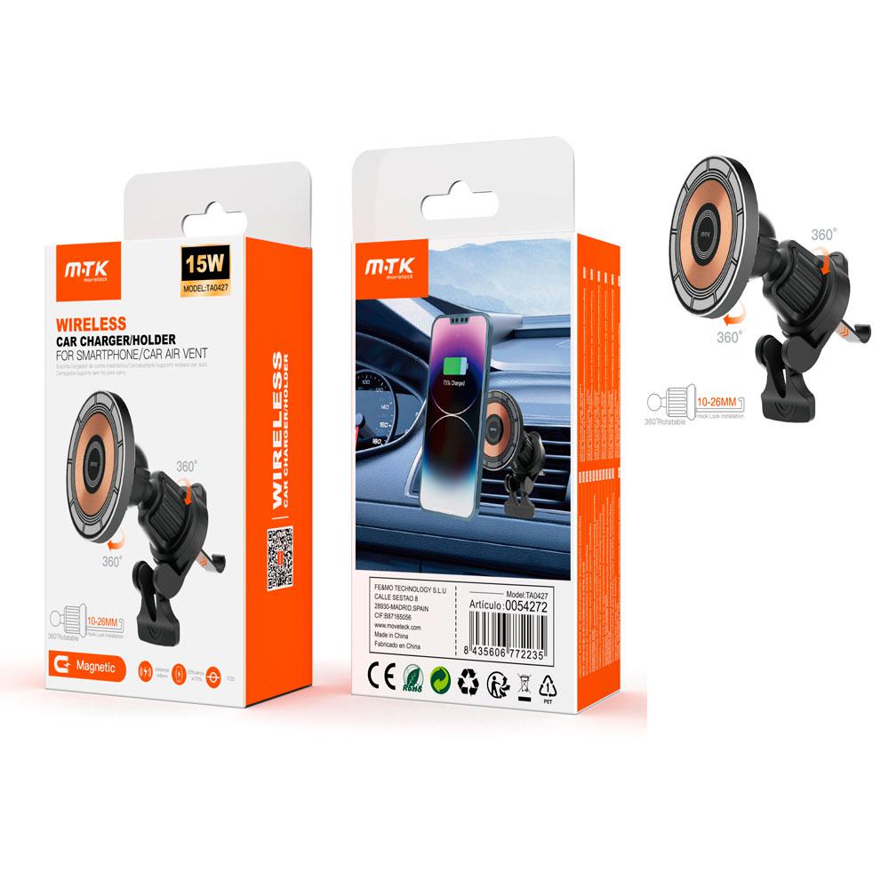 Soporte / Cargador de coche para Smartphone magnetico rejilla TA0427 / Carga inalambrica QI 15w / 360 Grados / Negro / Mtk Cód.: ACM-185
